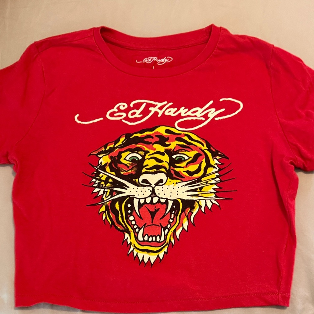 Ed Hardy Red Baby Tee with Fierce Tiger Graphic large women's
